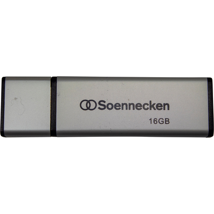 USB-Stick mit silbernem Gehäuse und seitlich wegklappbarem Verschluss, 16 Gbyte.