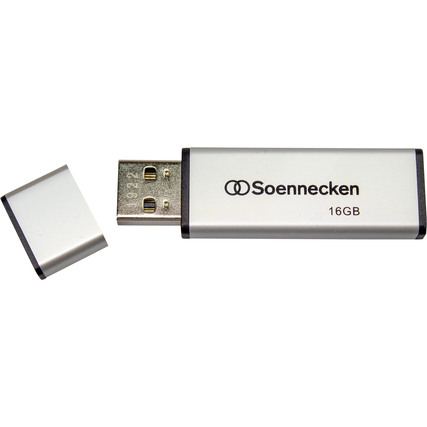 USB-Stick mit 16 Gbyte Kapazität und seitlich wegklappbarem Verschluss in silberner Farbe.