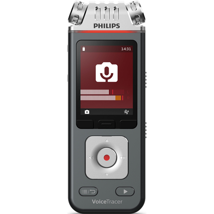 Digitales Diktiergerät Philips VoiceTracer DVT7110 mit Farbdisplay und Bedienknöpfen.
