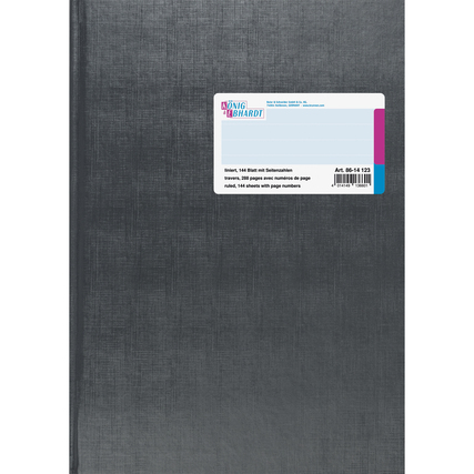 Schwarzes Geschäftsbuch mit 144 Blatt und nummerierten Seiten im Hochformat.
