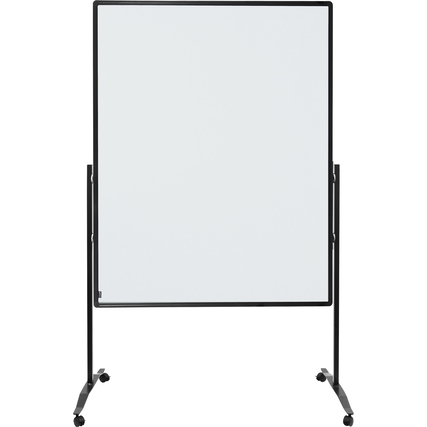 Mobile Moderationstafel in Schwarz mit weißer Oberfläche, auf einem stabilen Rollgestell.