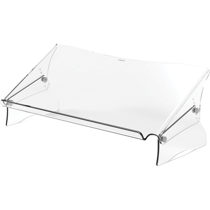 Durchsichtiger Dokumentenhalter mit ergonomischem Design zur Platzmaximierung auf dem Schreibtisch.
