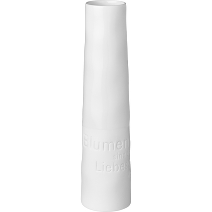 Weiße, schlichte Vase mit erhöhter Form und eingeprägtem Schriftzug.