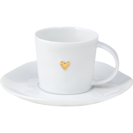 Weißer Espressotasse mit goldfarbenem Herzsymbol auf der Vorderseite und passendem Unterteller.