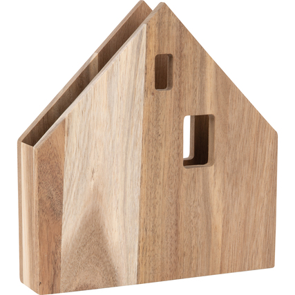 Holzserviettenhalter in Form eines Hauses mit Fensteröffnungen, seitliche Ansicht.