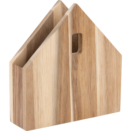 Holz-Serviettenhalter in Hausform mit Fensteröffnungen und sichtbarer Maserung.