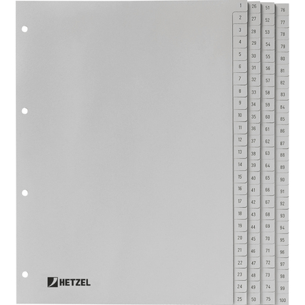 Zahlenregister mit nummerierten Bereichen von 1 bis 100 für Ordner oder Ringbuch.