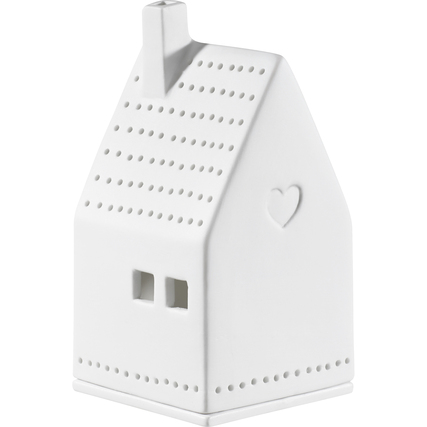 Weißer Teelichthalter in Form eines Hauses mit Herz und kleinen Fenstern.