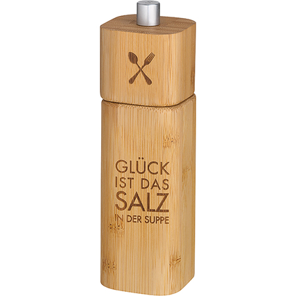 Holzfarbene Salzmühle mit eingraviertem Text „GLÜCK IST DAS SALZ IN DER SUPPE“.