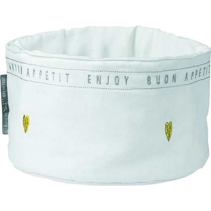 Weißer Brotkorb mit goldenen Herzmotiven und der Beschriftung "ENJOY" und "BUON APPETIT".