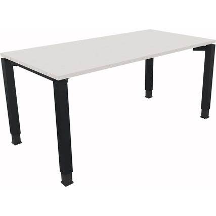 Schreibtisch in diamantweiß mit anthrazit metallic Beinen, aus der Perspektive der Frontansicht.