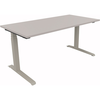 Schreibtisch in silberaluminium und lichtgrau mit anpassbarer Höhe und rechteckiger Tischplatte.