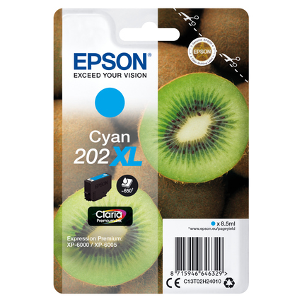 Epson Tintenpatrone 202XL cyan in Verpackung mit Kiwi-Hintergrund.