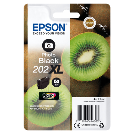 Epson Tintenpatrone 202XL fotoschwarz auf Verpackung mit Kiwi-Motiv im Hintergrund.