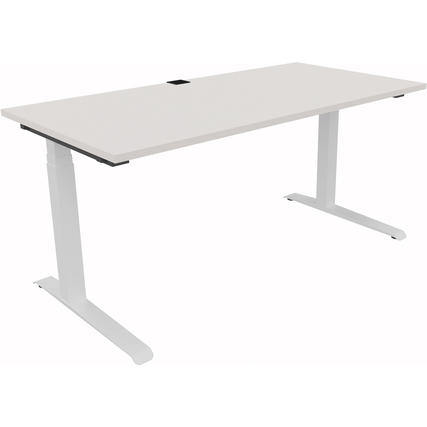 Kabeldurchlassdose in Silberaluminium mittig auf einem Schreibtisch in U-Form montiert.