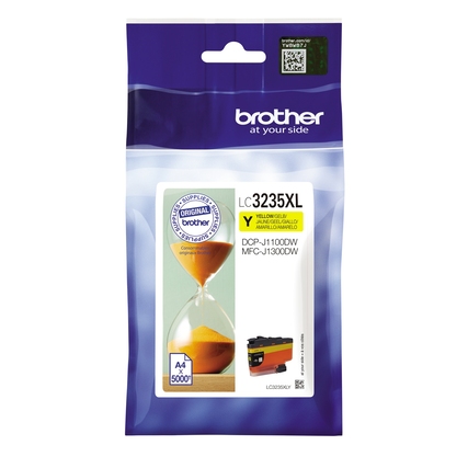 Gelbe Tintenpatrone in Verpackung mit Aufschrift und Sanduhr-Symbol.