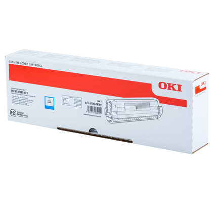 Verpackung des OKI Toners 45862839 in cyan mit Produktinformationen auf der Seite.
