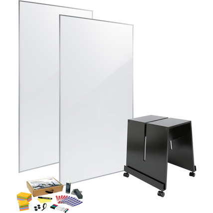 Whiteboard-Set mit zwei transparenten Tafeln und einem mobilen Stativ in schwarzer Farbe.