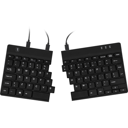 Ergonomisch geteilte Tastatur mit zwei separaten Teilen und Kabelanschluss im Anwendungsbeispiel.