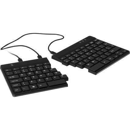 Ergonomische, geteilte Tastatur in zwei Teilen für mobiles Arbeiten, verbunden durch ein Kabel.