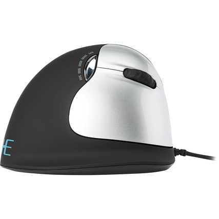 Ergonomische vertikale PC-Maus mit schwarzem und silbernem Design, seitliche Ansicht.