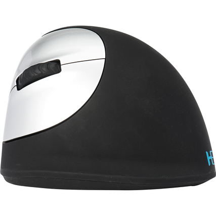 Ergonomische linksseitige PC-Maus mit vertikalem Grip und silberner Oberschale.