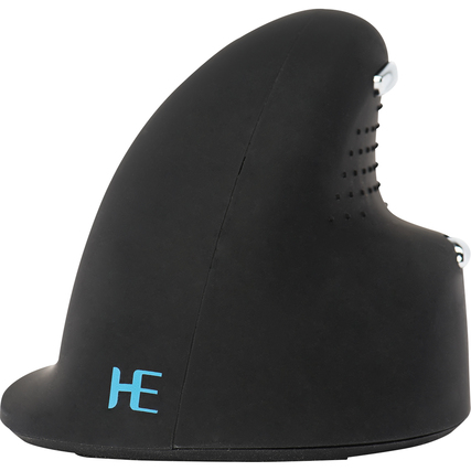 Schwarze ergonomische PC-Maus für Linkshänder in seitlicher Ansicht mit vertikalem Grip.