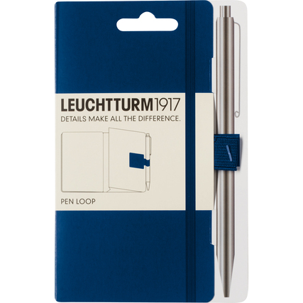 Stiftehalter in marineblau mit Verpackung und einem Stift, der zur Illustration dient.
