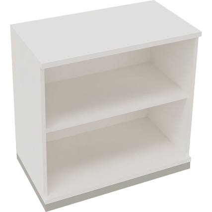 Regal in silberaluminium und diamantweiß mit zwei offenen Fächern und kompakten Maßen.