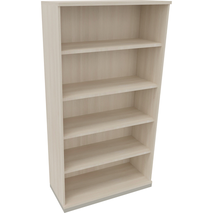 Regal in heller Akazienholzoptik mit fünf Ordnerhöhen und silberaluminiumfarbener Basis.
