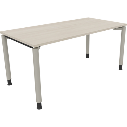 Schreibtisch in hellen Akazien-Design mit silbernen Aluminiumfüßen, seitliche Perspektive.