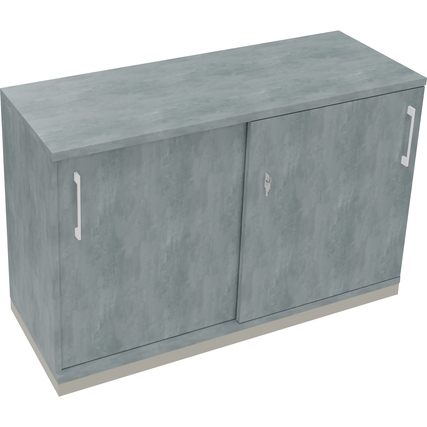 Schiebetürenschrank in silberaluminium und hellem Beton, mit zwei Schiebetüren und zwei Griffen.