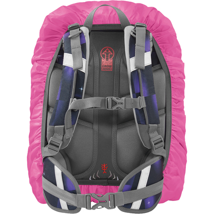 Regenschutz in Pink, über einem Schulranzen mit Gurt- und Rückenpartie sichtbar.