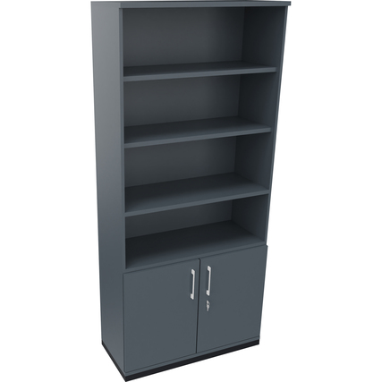 Regalschrank mit vier offenen Fächern und zwei geschlossenen Türen in anthrazit metallic.