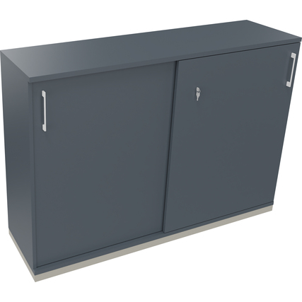 Schiebetürenschrank in silberaluminium und lavagrau, mit zwei Türen und Schlüssel.