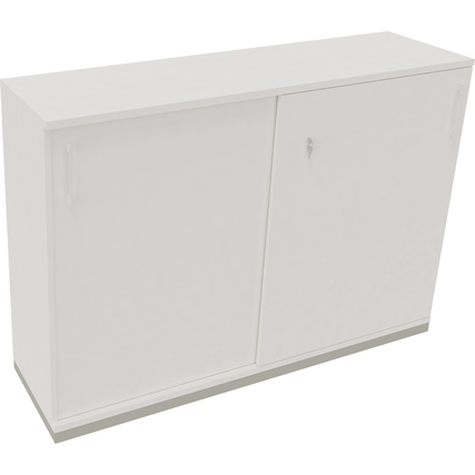 Schiebetürenschrank in silberaluminium und diamantweiß mit zwei Türen und Schlüssel.