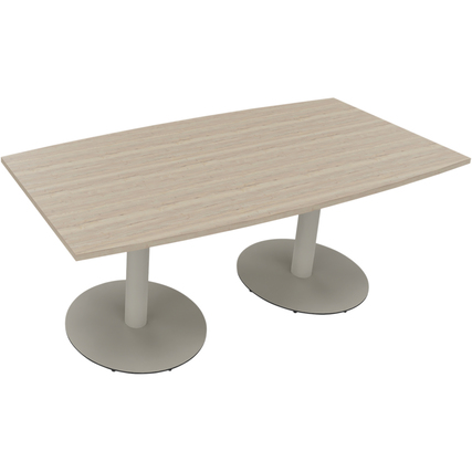 Rechteckiger Konferenztisch mit silberaluminierter Basis und Eichenholzplatte in Naturfarbe.