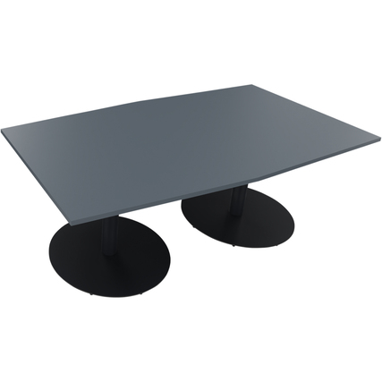 Konferenztisch in anthrazit metallic mit ovalen Standfüßen und abgerundeter Tischplatte.