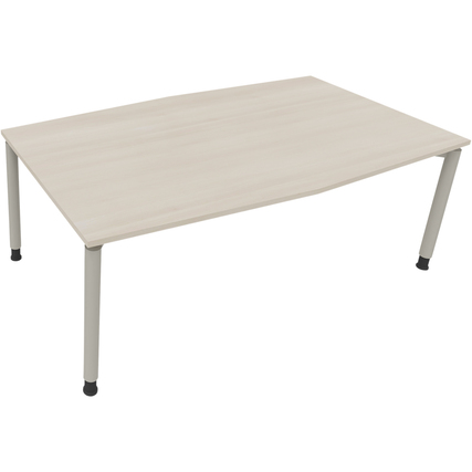 Konferenztisch in silberaluminium mit hellen Akazienplatten, rechteckige Form und vier Beine.