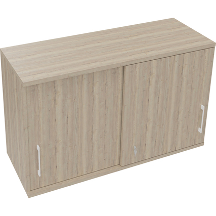 Holzfarbener Aufsatzschrank mit zwei Schiebetüren und weißem Griff.