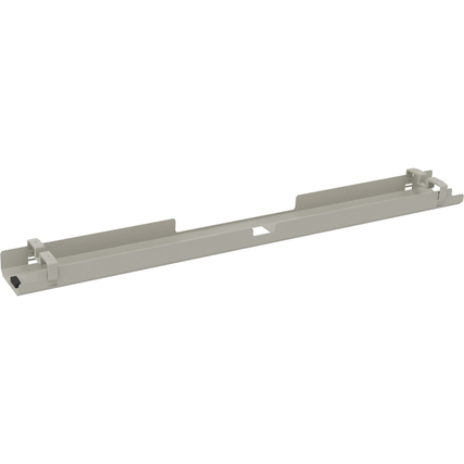 Beidseitig abklappbarer Kabelkanal in silberaluminium mit verstellbarer Höhe.