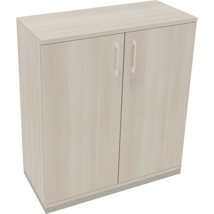 Flügeltürenschrank in silberaluminium mit zwei Türen und hellem Akazienholz-Finish.
