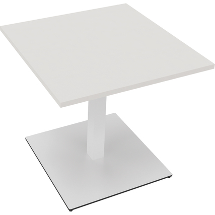 Weißer quadratischer Konferenztisch mit vierkantiger Säule und quadratischer Basis.