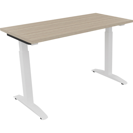 Schreibtisch mit Holzplatte in Eiche Natur und weißen Füßen, höhenverstellbar.