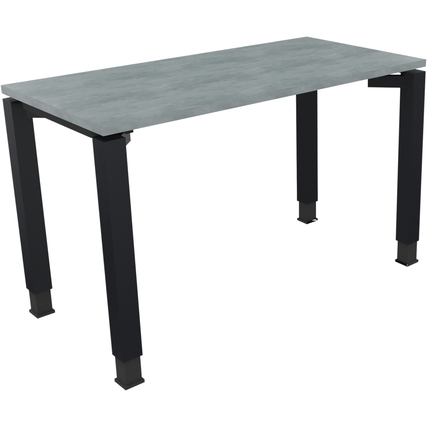 Schreibtisch mit quadratischen Metallfüßen und Betonoberfläche in hellen Grautönen.