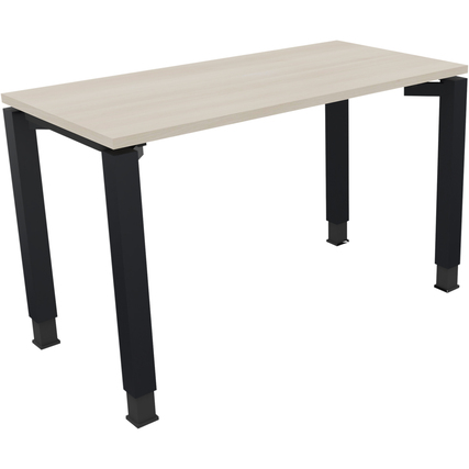 Schreibtisch mit hellen Akazienoberfläche und anthrazit metallic Vierfußgestell.
