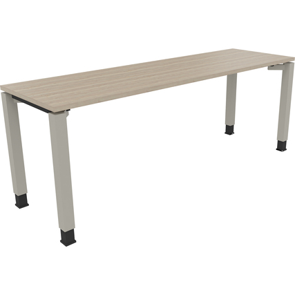 Schreibtisch mit quadratischen Aluminiumfüßen, Holzoberfläche in Eiche natur, Seitenansicht.