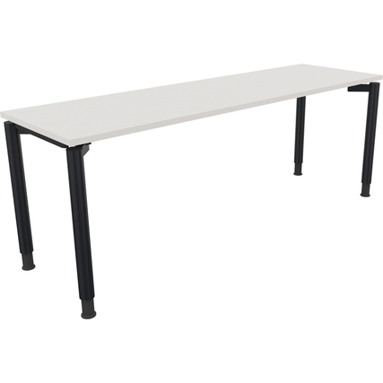 Schreibtisch in diamantweiß mit anthrazit metallic Vierfuß-Rundrohr und abgerundeten Kanten.