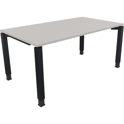 Lichtgrauer Schreibtisch mit anthrazit metallic Vierfuß-Gestell, Maße 160 x 68-82 x 90 cm.