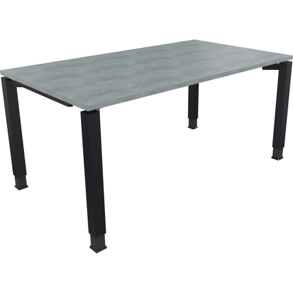 Schreibtisch in hellgrau mit anthrazitfarbenen Vierfußgestell, Maße 1.600 x 680-820 x 900 mm.